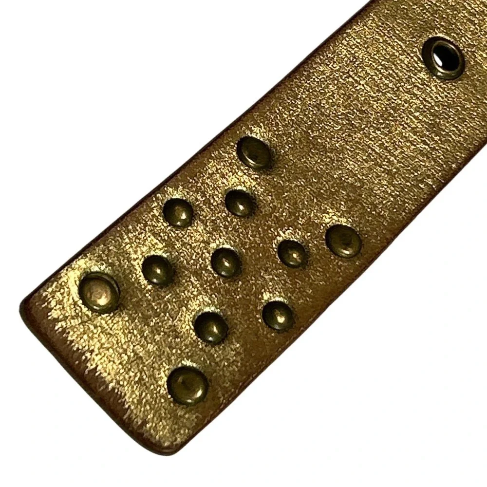 Womens Distressed Metallic Gold Studded Leather Belt Wide Brass Buckle L (33-37)
